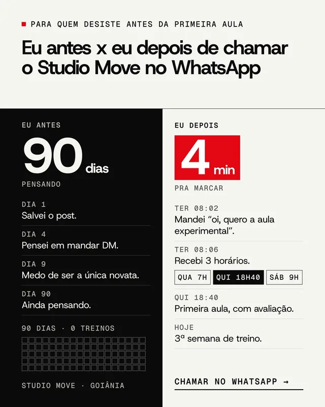 Anúncio nativo lo-fi para Meta Ads “Eu antes x eu depois” de comportamento em 2 colunas (feed + story)