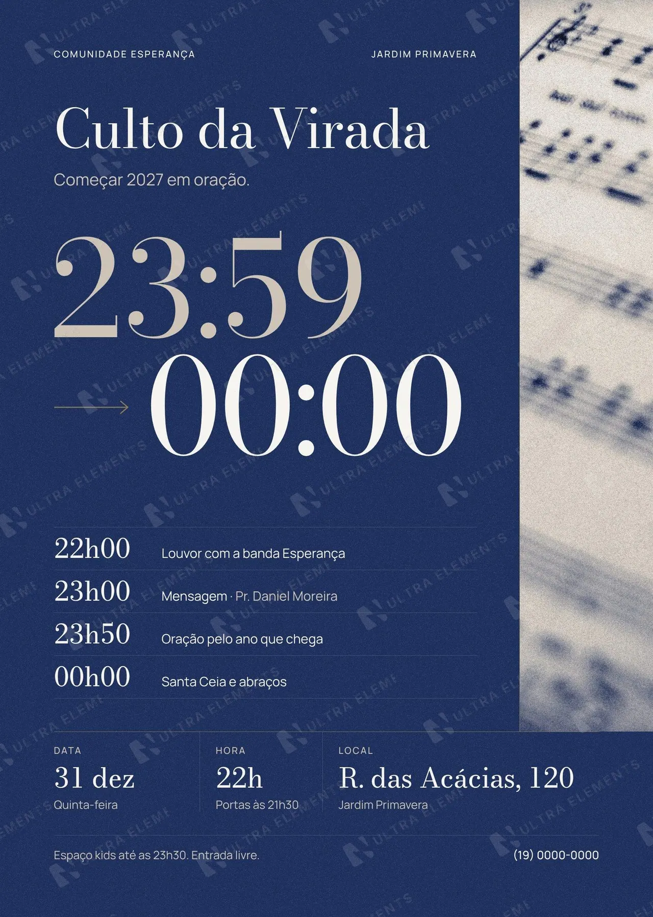 Flyer A5 Culto da Virada para gráfica: programação e partitura (300 dpi) — imagem 1 de 2