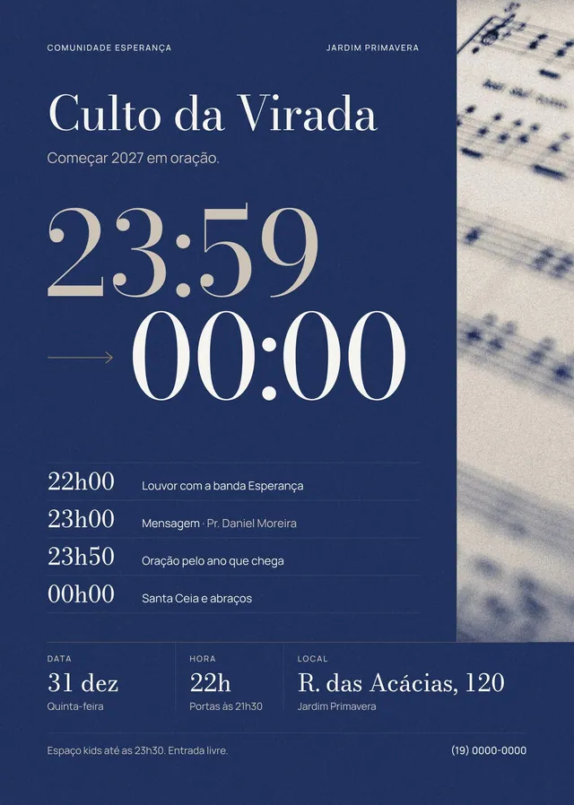Flyer A5 Culto da Virada para gráfica: programação e partitura (300 dpi)