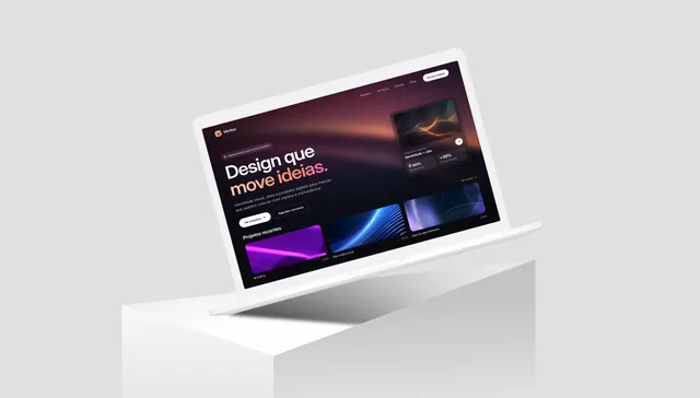 Mockup MacBook em perspectiva sobre pedestal com sombra suave