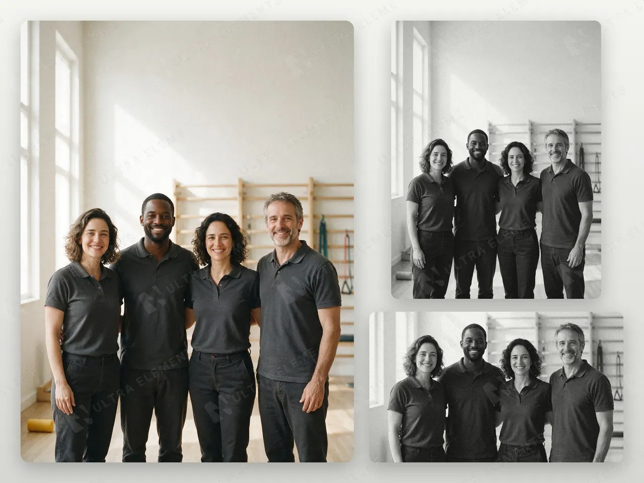 Foto IA de equipe de fisioterapia com 4 profissionais em estúdio de reabilitação (colorida e P&B) — imagem 1 de 3