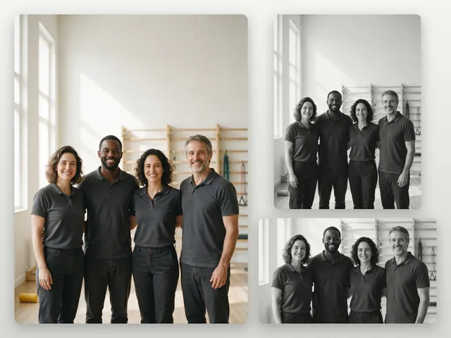 Foto IA de equipe de fisioterapia com 4 profissionais em estúdio de reabilitação (colorida e P&B)