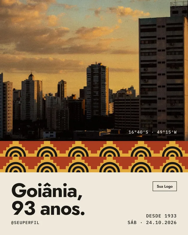 Post Aniversário de cidade: foto da cidade com faixa de azulejos art déco e 'Goiânia, 93 anos.'
