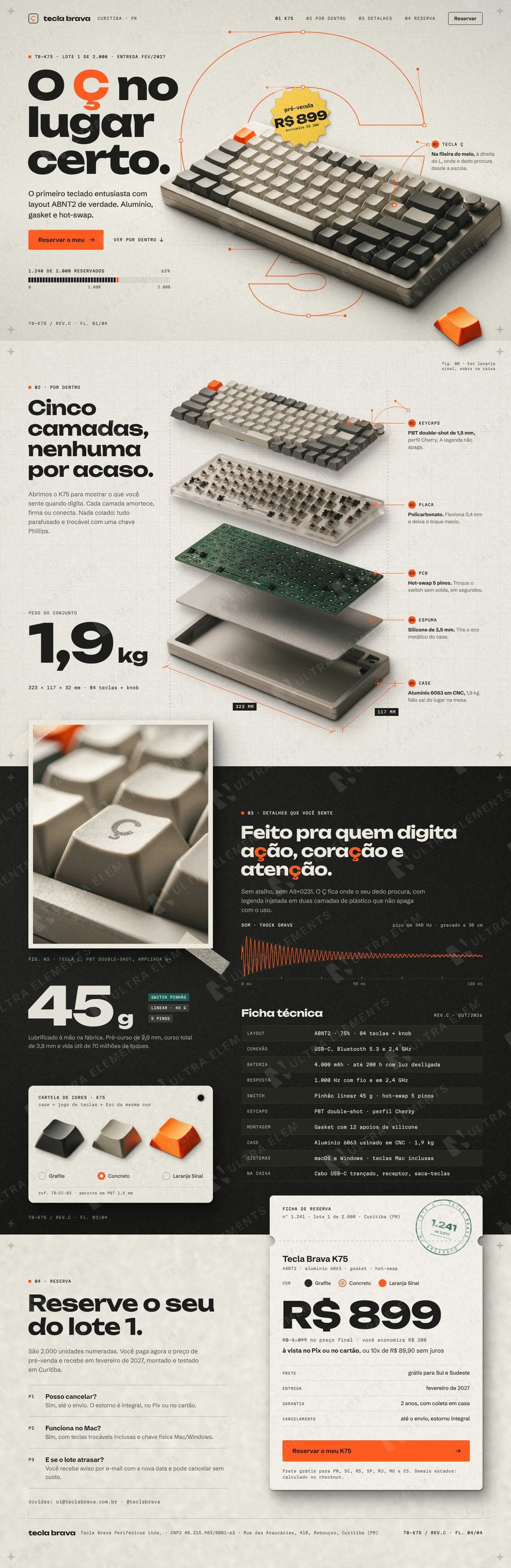 Landing page de pré-venda para teclado mecânico ABNT2 com vista explodida, especificações e reserva (desktop e mobile) — imagem 1 de 6