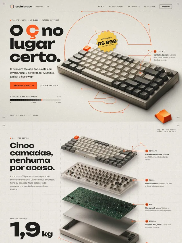 Landing page de pré-venda para teclado mecânico ABNT2 com vista explodida, especificações e reserva (desktop e mobile)