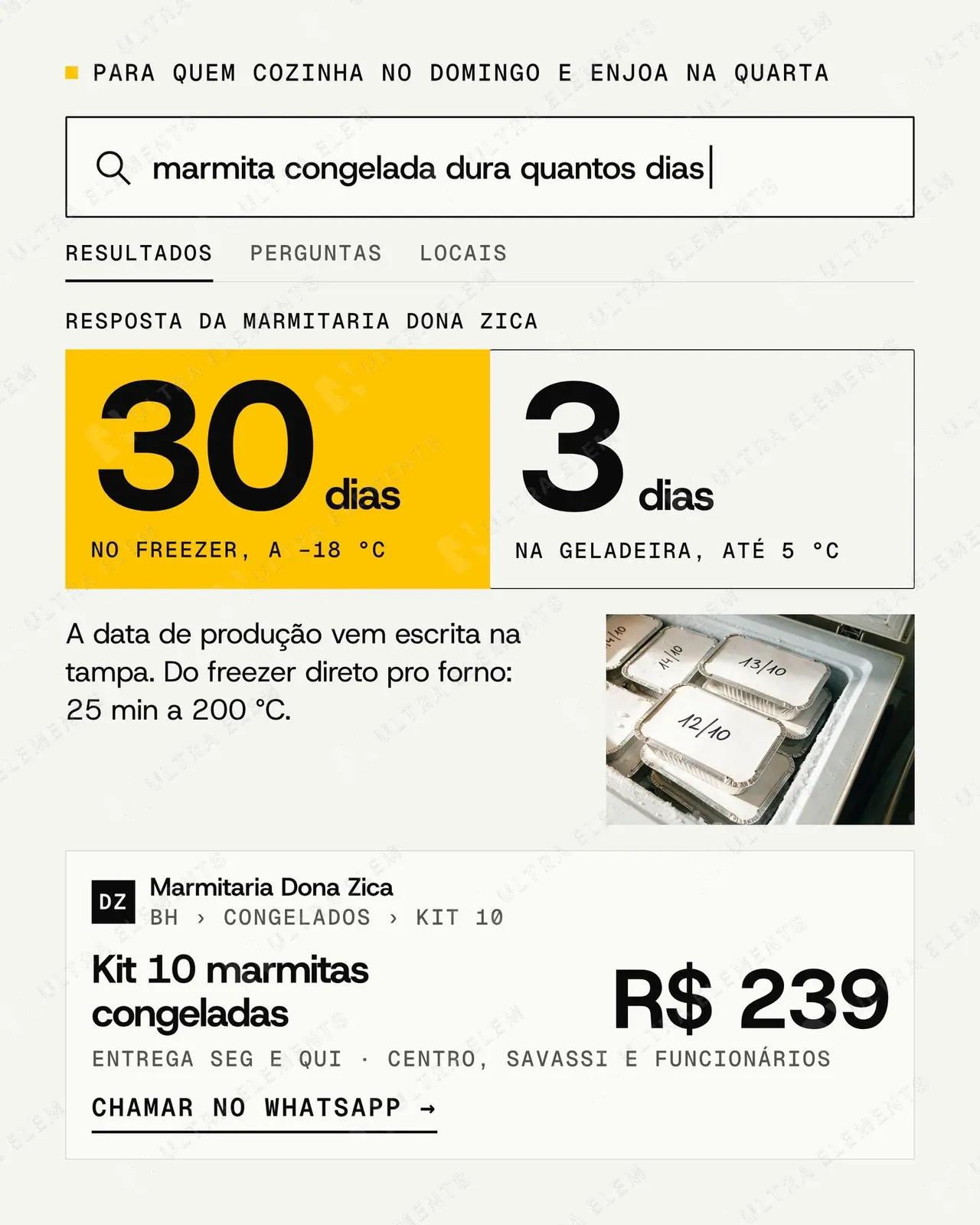 Anúncio nativo lo-fi para Meta Ads com barra de busca e resposta “marmita congelada dura quantos dias” (feed + story) — imagem 1 de 3