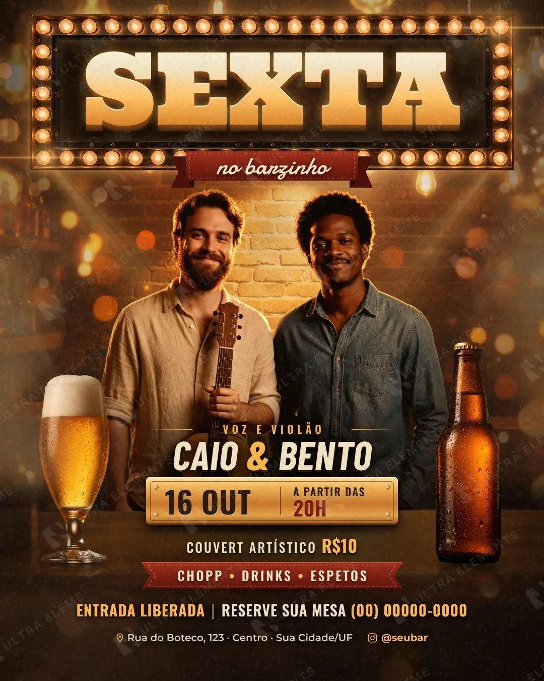 Sexta no Barzinho: dupla de voz e violão, lâmpadas Edison e chopp recortado (feed + story) — imagem 1 de 3