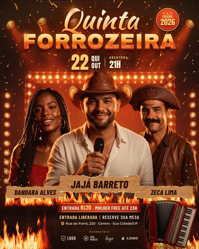 Quinta Forrozeira: trio de forró no palco de lâmpadas e brasas com sanfona e tarjas kraft (feed + story)