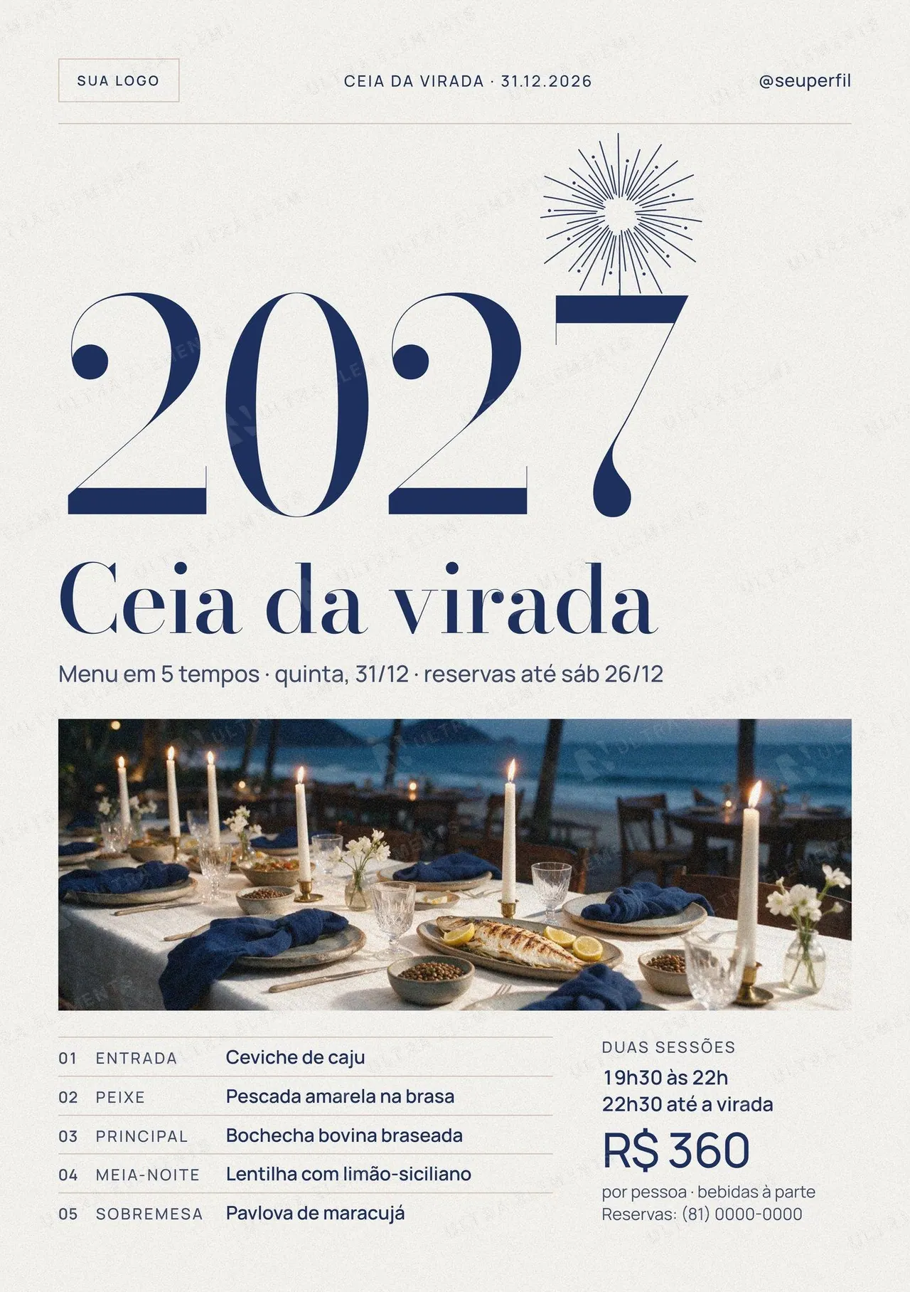 Flyer A5 Ceia da Virada 2027 para restaurante: menu em 5 tempos, duas sessões e PDF para gráfica — imagem 1 de 2