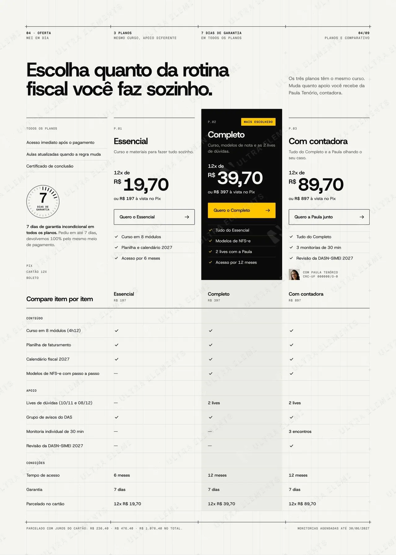 Seção de 3 planos suíça com plano em destaque invertido e tabela comparativa item por item — imagem 1 de 3