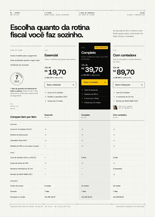 Seção de 3 planos suíça com plano em destaque invertido e tabela comparativa item por item