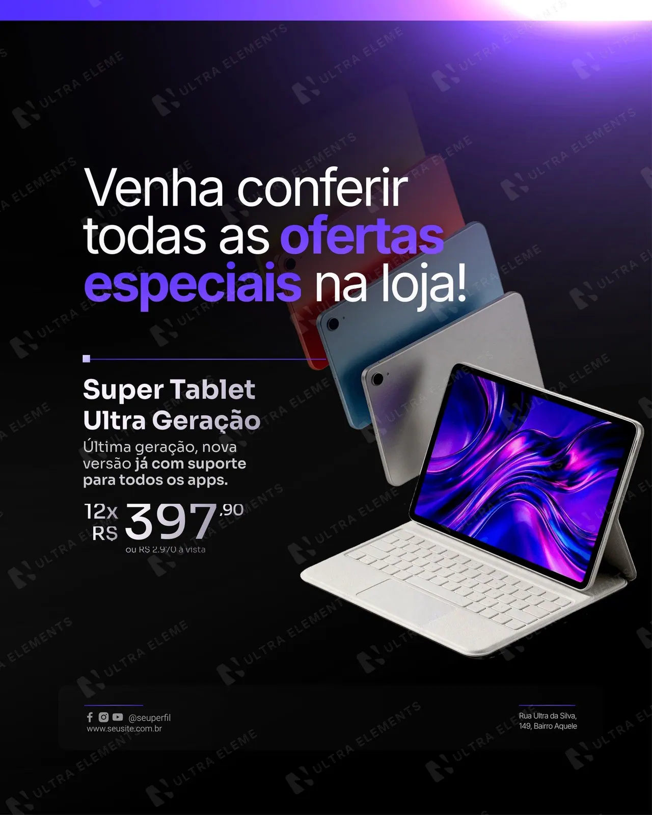 Post Black Friday roxo: oferta de tablet com teclado parcelada (feed)