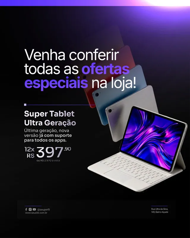 Post Black Friday roxo: oferta de tablet com teclado parcelada (feed)