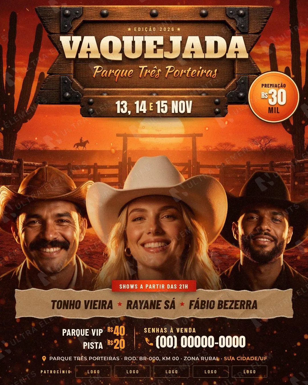 Vaquejada: arena do sertão ao pôr do sol, placa de madeira entalhada e line-up de 3 (flyer A5 + feed + story) — imagem 1 de 4