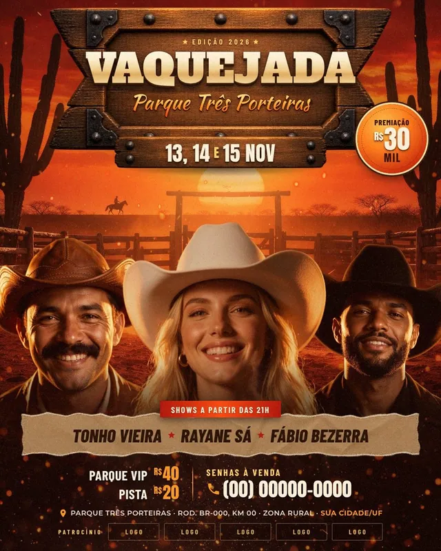 Vaquejada: arena do sertão ao pôr do sol, placa de madeira entalhada e line-up de 3 (flyer A5 + feed + story)