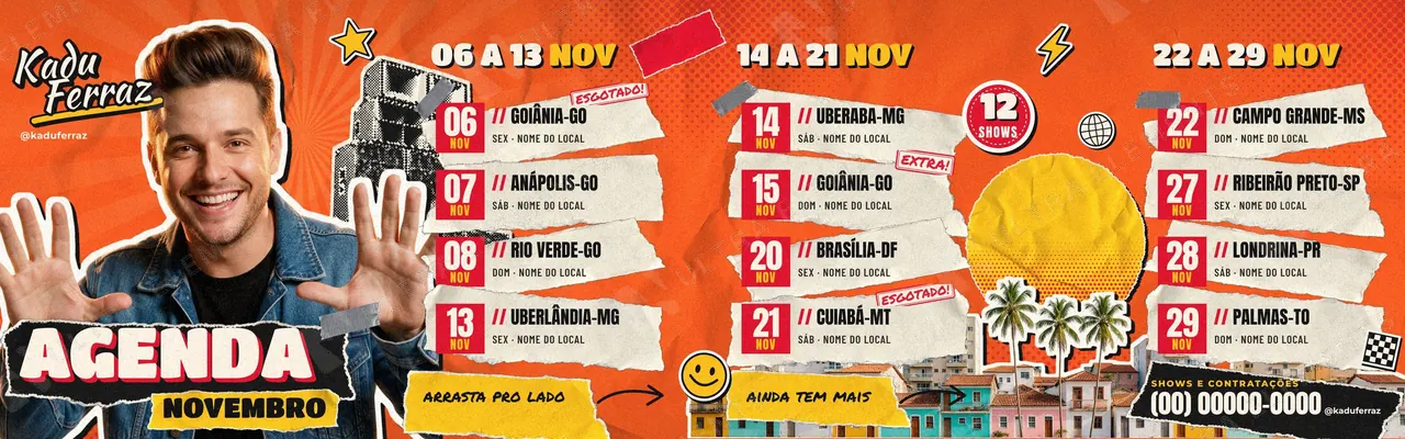 Carrossel panorâmico Agenda do Mês: cantor em recorte de adesivo atravessando 4 lâminas e 12 datas em papel rasgado (+ story) — imagem 1 de 8