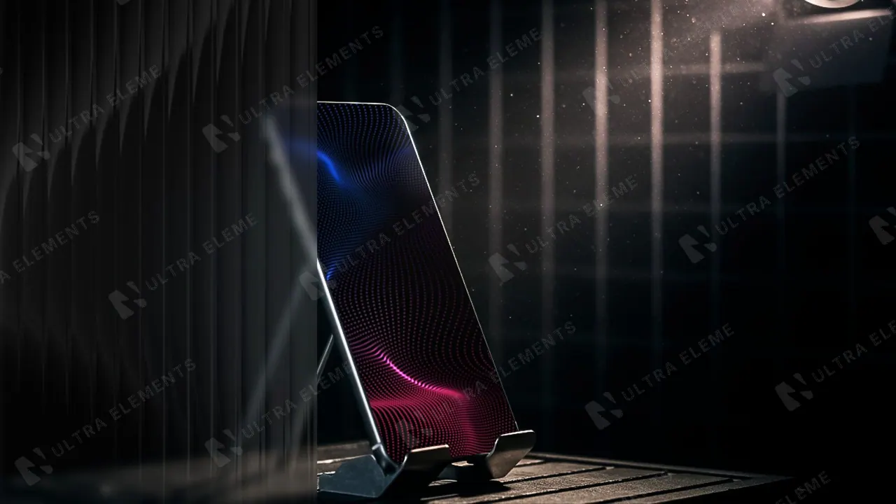 Mockup de iPhone em suporte com luz de estúdio e vidro canelado — cena escura — imagem 1 de 2