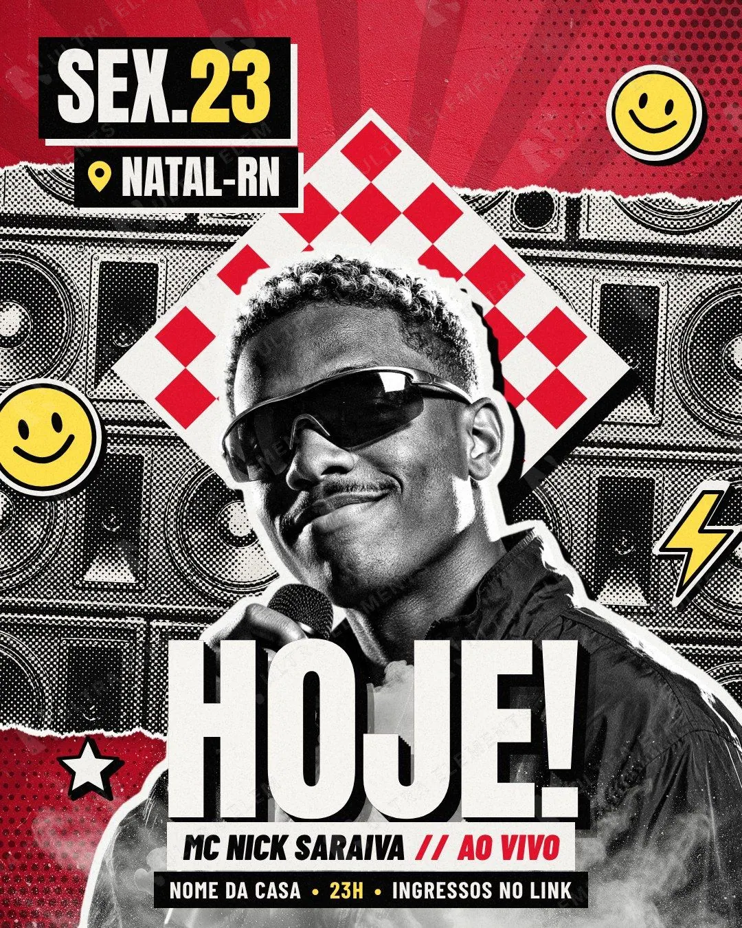 HOJE! show do dia: MC em P&B com bandeira quadriculada, caixas de som em halftone e cidade em tarja (story + feed) — imagem 1 de 4