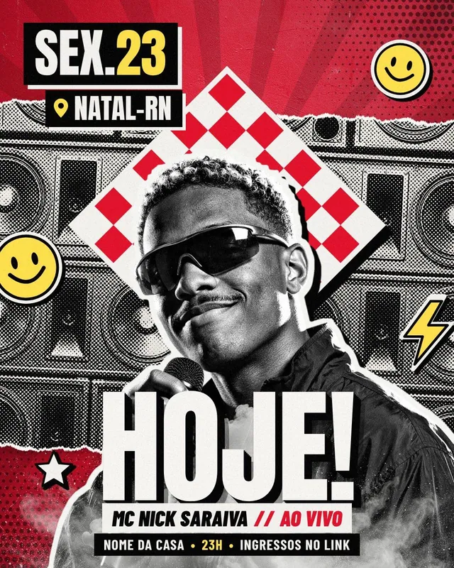 HOJE! show do dia: MC em P&B com bandeira quadriculada, caixas de som em halftone e cidade em tarja (story + feed)
