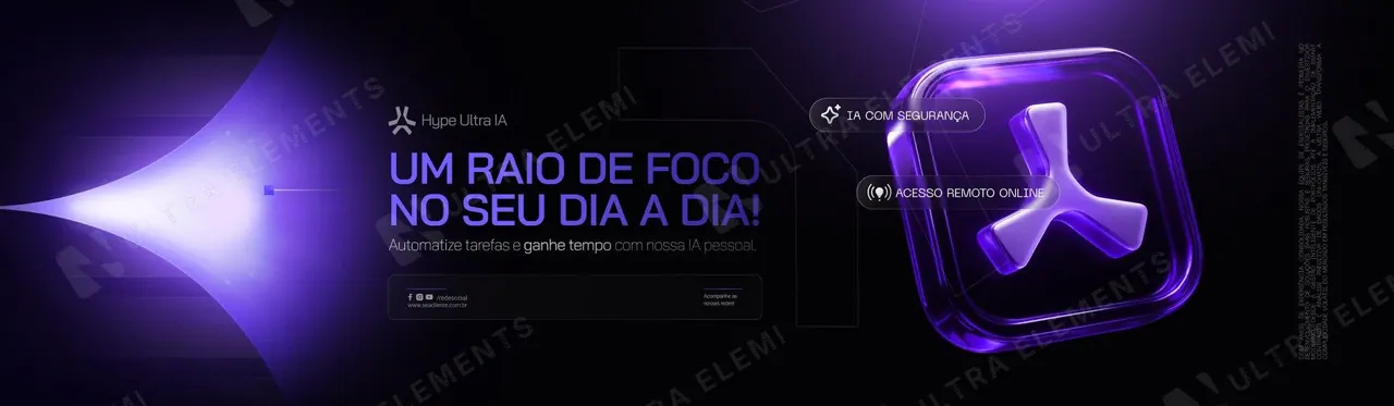 Banner hero SaaS de IA neon: "Um raio de foco no seu dia a dia" com ícone 3D