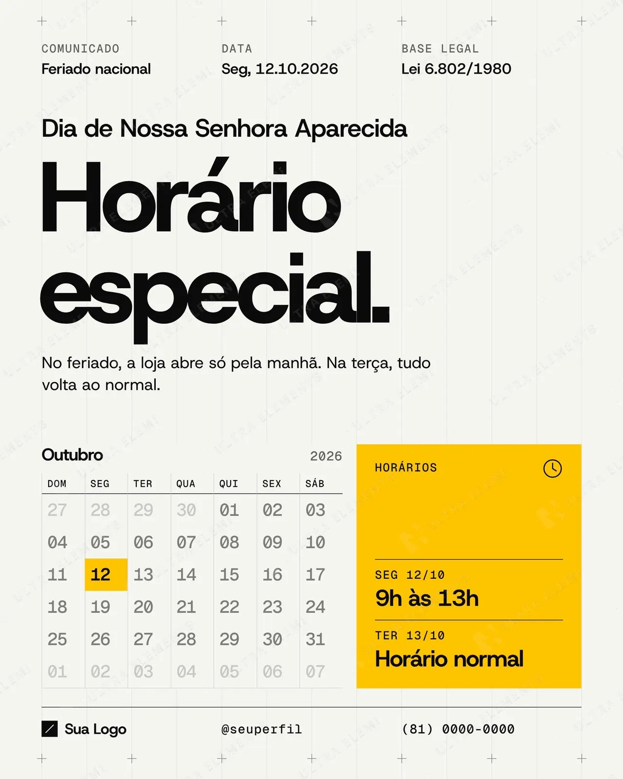 Post e story Comunicado de feriado 12/10 Nossa Senhora Aparecida: calendário de outubro — imagem 1 de 8