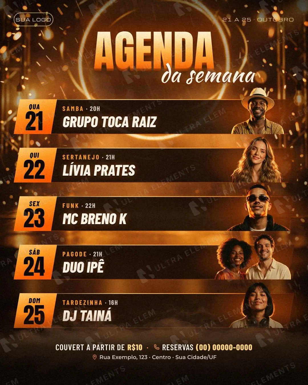 Agenda semanal da casa com 5 noites, mini-retratos das atrações e palco de luz dourada (story, feed e carrossel) — imagem 1 de 10