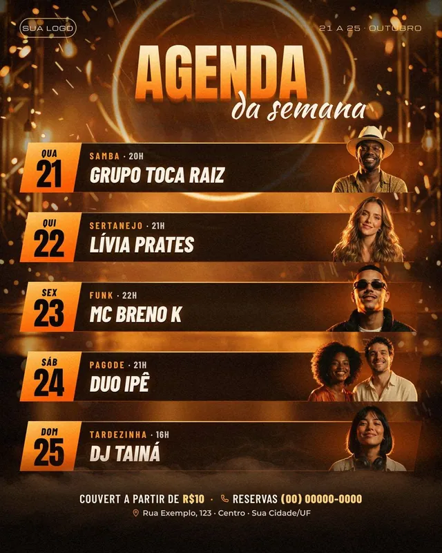 Agenda semanal da casa com 5 noites, mini-retratos das atrações e palco de luz dourada (story, feed e carrossel)