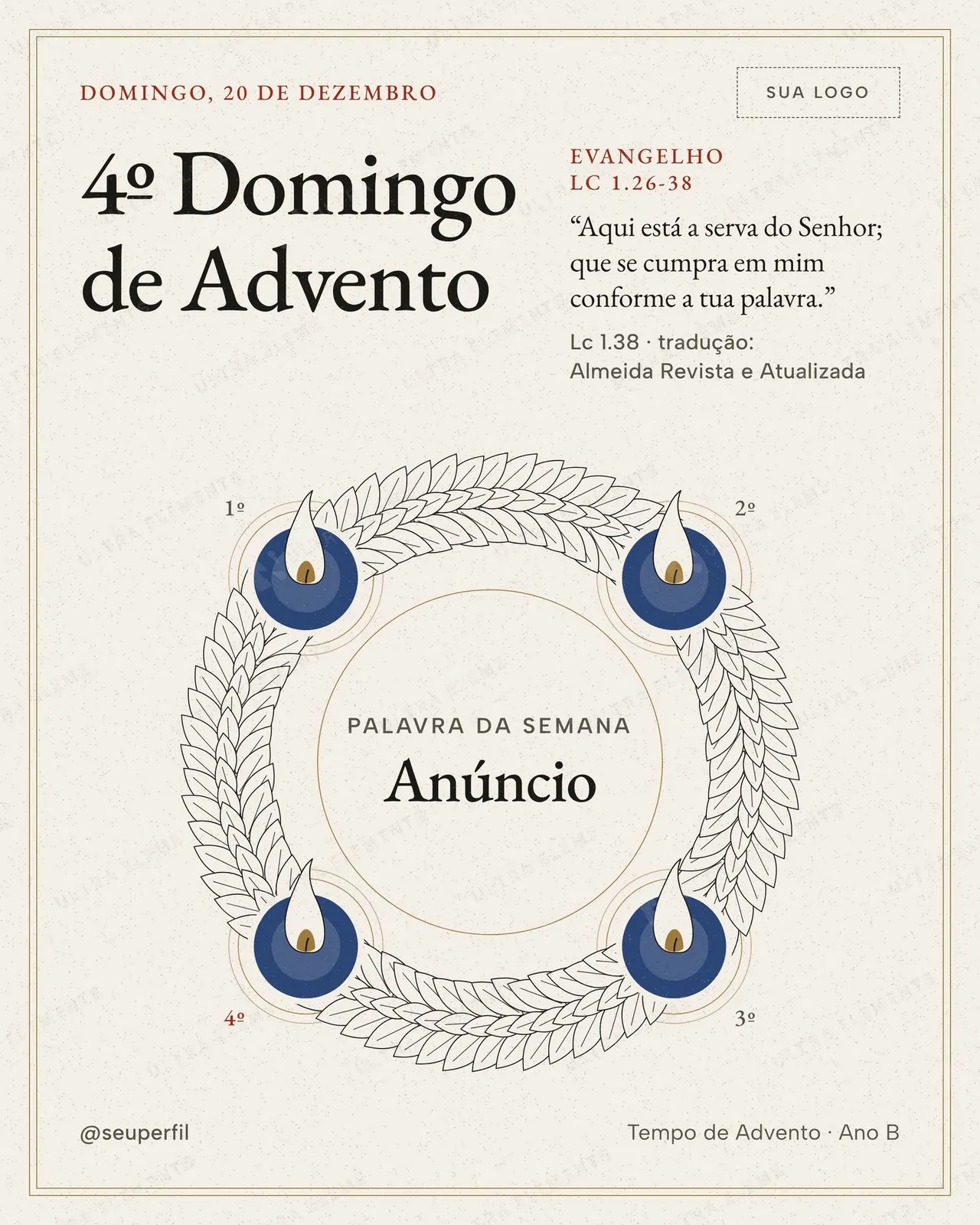 Post 4º Domingo de Advento (luterana): 4 velas azuis acesas, Anúncio e Lc 1.38 — imagem 1 de 2