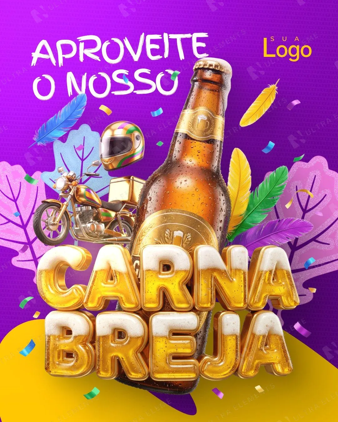 Post Carnaval delivery de cerveja roxo: Carna Breja "Aproveite o nosso" com folhagens (feed)