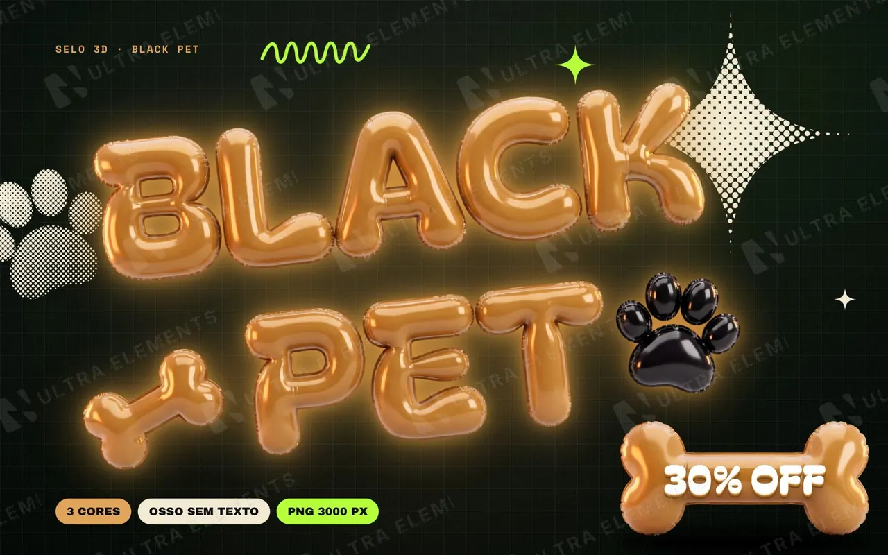 Selo 3D Black Pet em letras infladas caramelo, preta e rosa com patinha e osso (PNG transparente) — imagem 1 de 5
