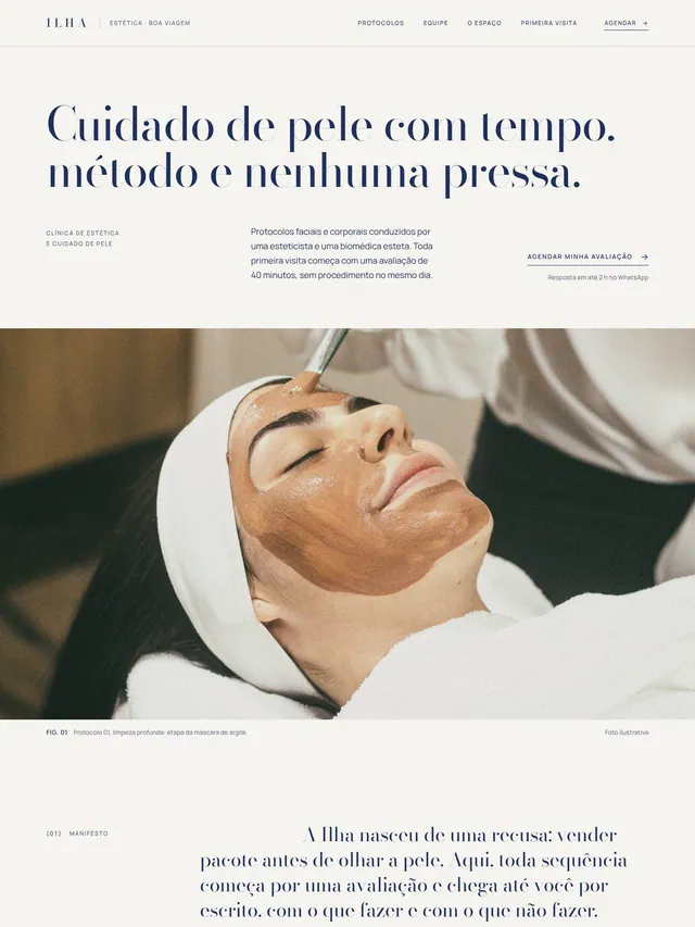 LP institucional para clínica de estética quiet luxury: protocolos, equipe, espaço e primeira visita