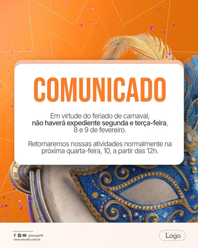 Post Carnaval comunicado de expediente laranja: máscara azul e rodapé de contatos (feed)