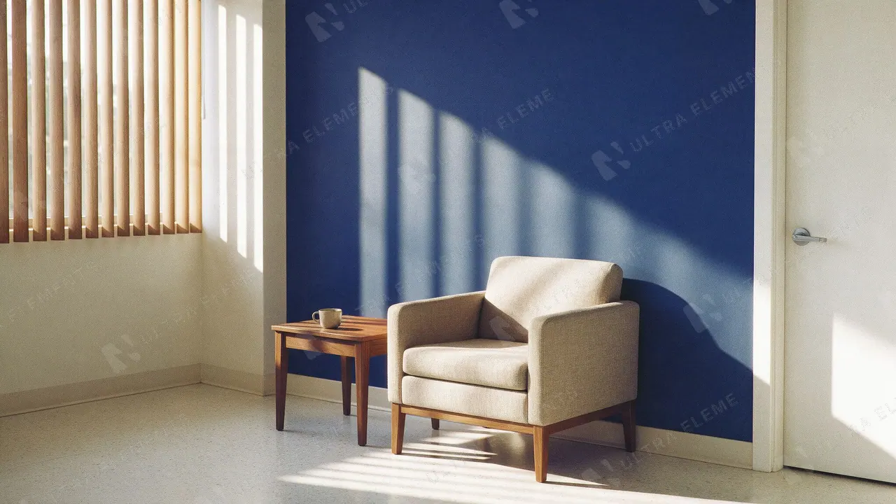 Sala de espera de clínica com parede azul, poltrona e luz de janela, sem pessoas: foto IA — imagem 1 de 2