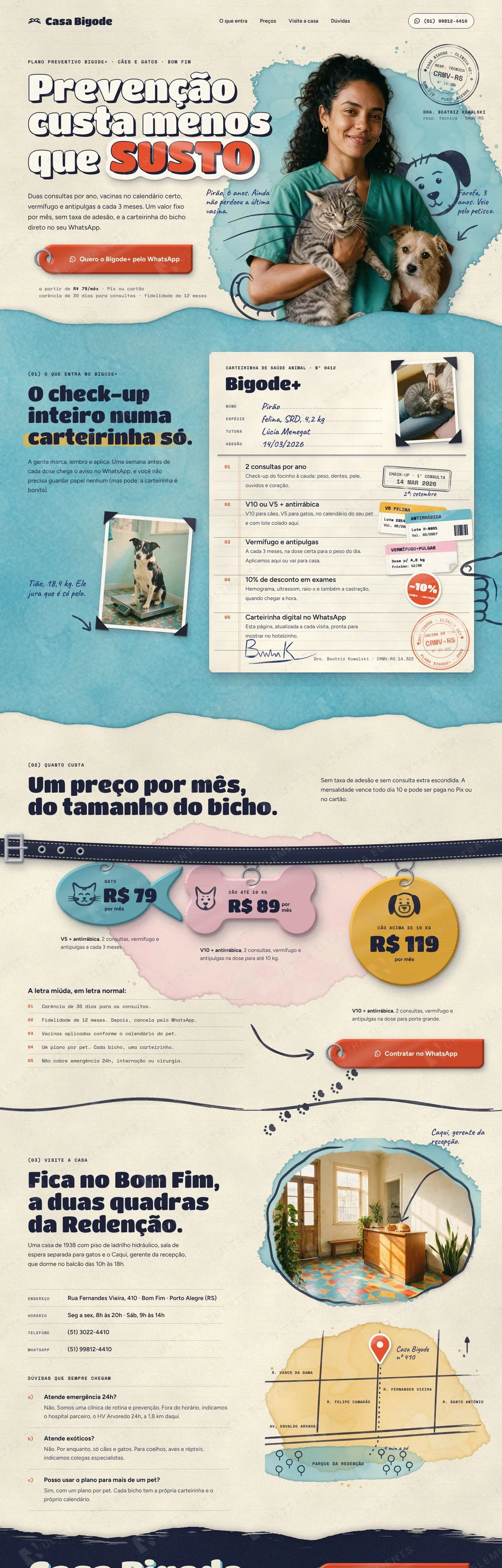 Landing page para clínica veterinária com plano preventivo para cães e gatos e adesão por WhatsApp (desktop e mobile) — imagem 1 de 7