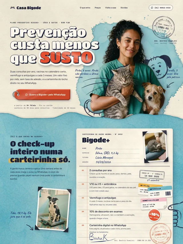 Landing page para clínica veterinária com plano preventivo para cães e gatos e adesão por WhatsApp (desktop e mobile)