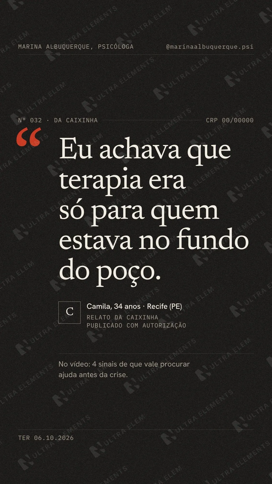 Capa de Reels para psicóloga estilo revista em fundo escuro: depoimento entre aspas — imagem 1 de 2