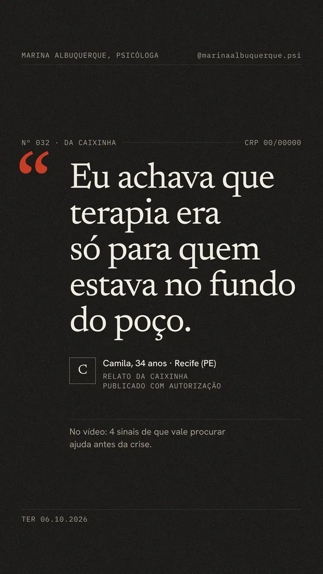 Capa de Reels para psicóloga estilo revista em fundo escuro: depoimento entre aspas