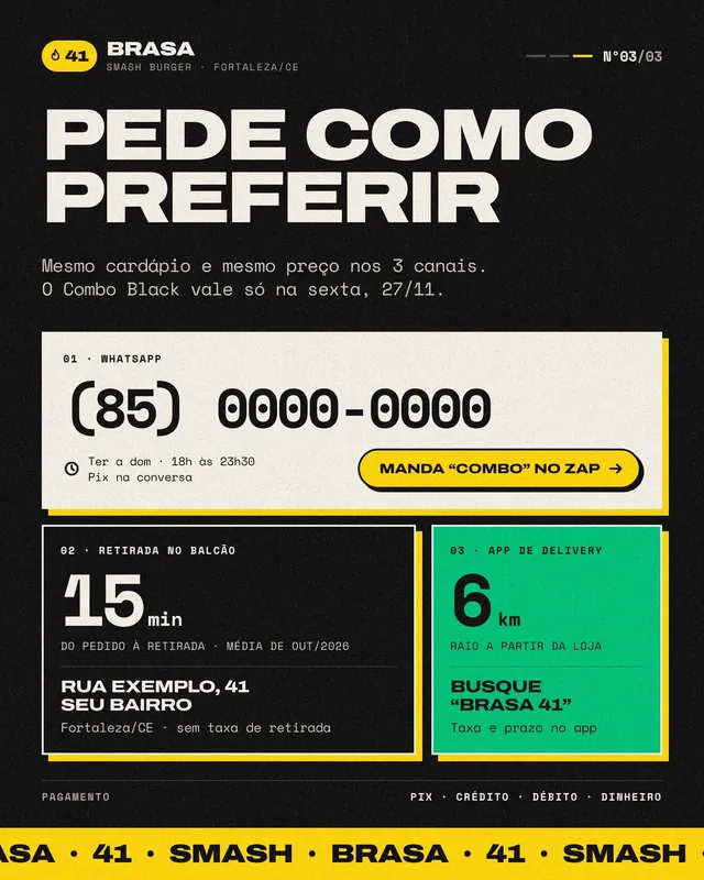Post hamburgueria "Pede como preferir": 3 canais de pedido em cards (feed)