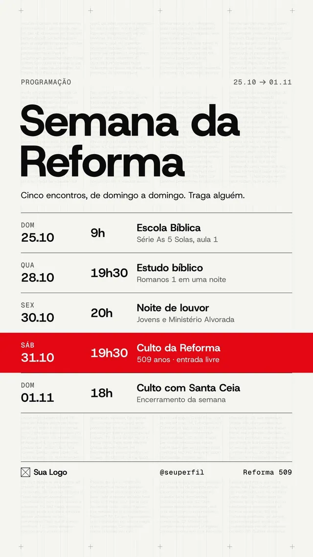 Story Semana da Reforma: programação de 25/10 a 01/11 com 5 encontros