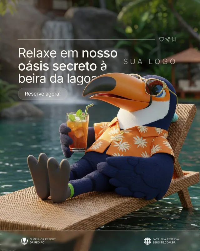 Post resort com mascote tucano 3D: relax no oásis da lagoa (feed)