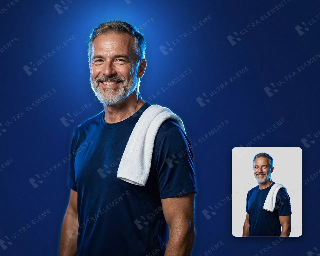 PNG homem grisalho de 55 anos com toalha no ombro e camiseta azul-marinho, recortado — imagem 1 de 3