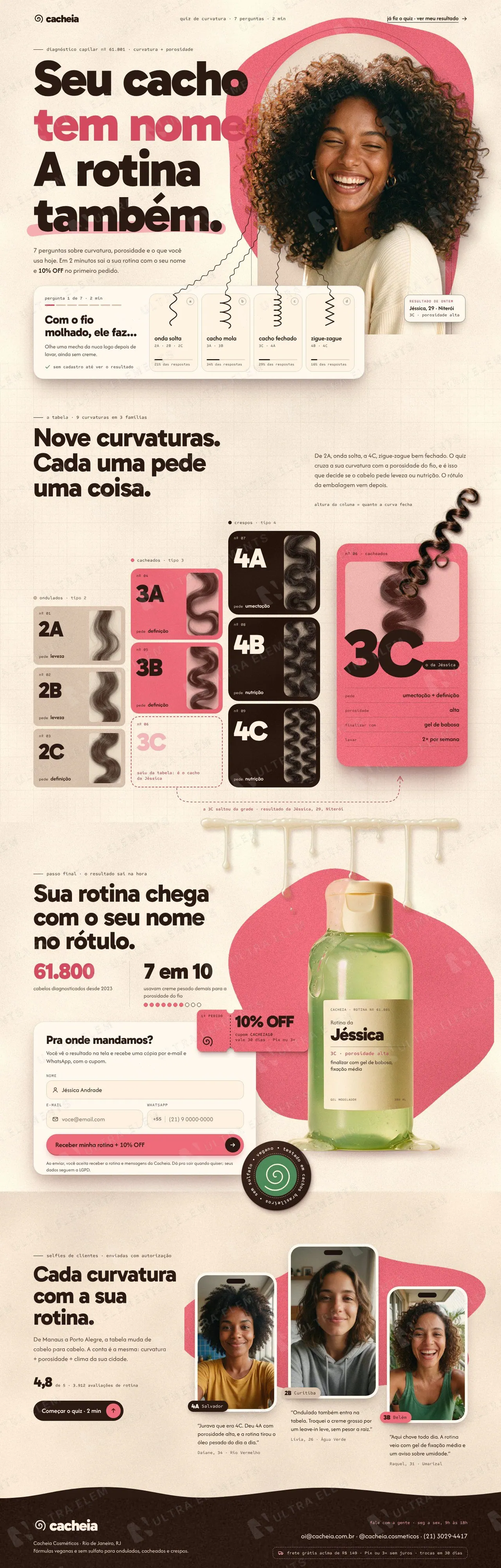 Landing page de quiz diagnóstico de tipo de cacho para marca de cosméticos capilares com cupom (desktop e mobile) — imagem 1 de 6