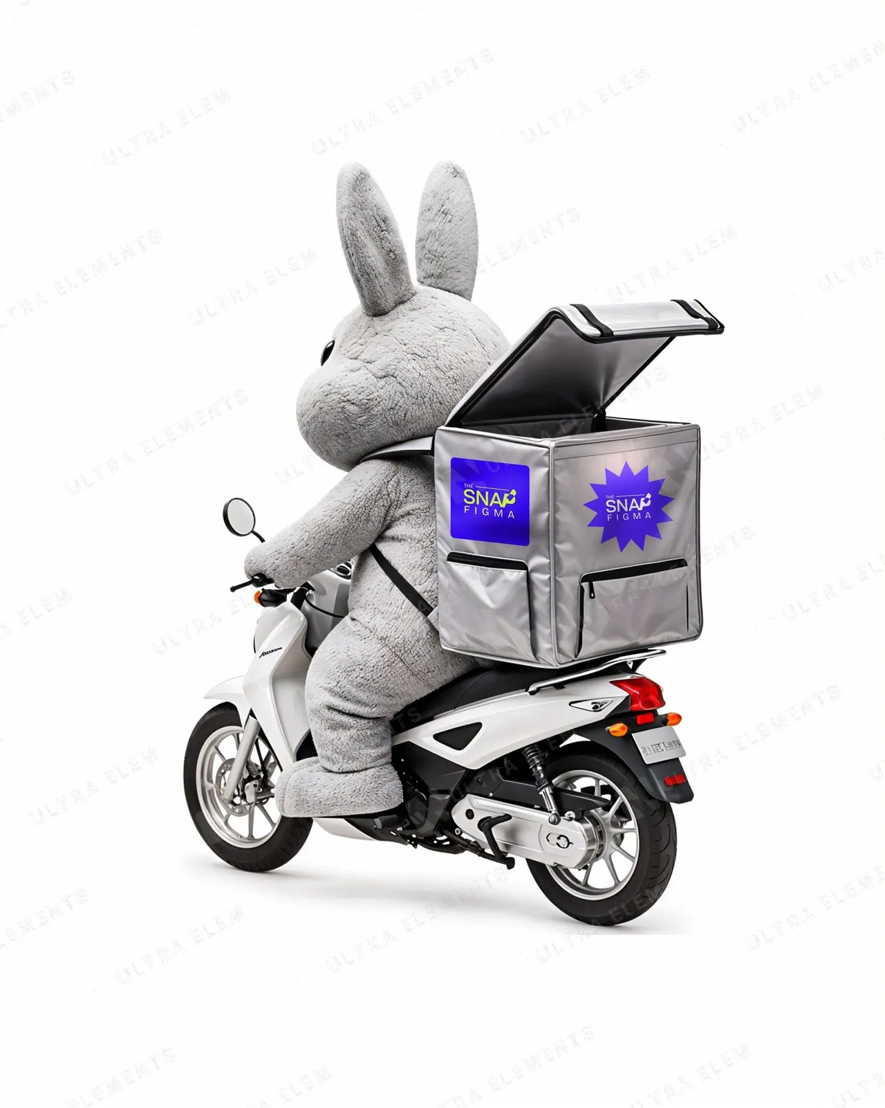Mockup de Páscoa: coelho entregador de moto com mochila térmica cinza aberta — imagem 1 de 3