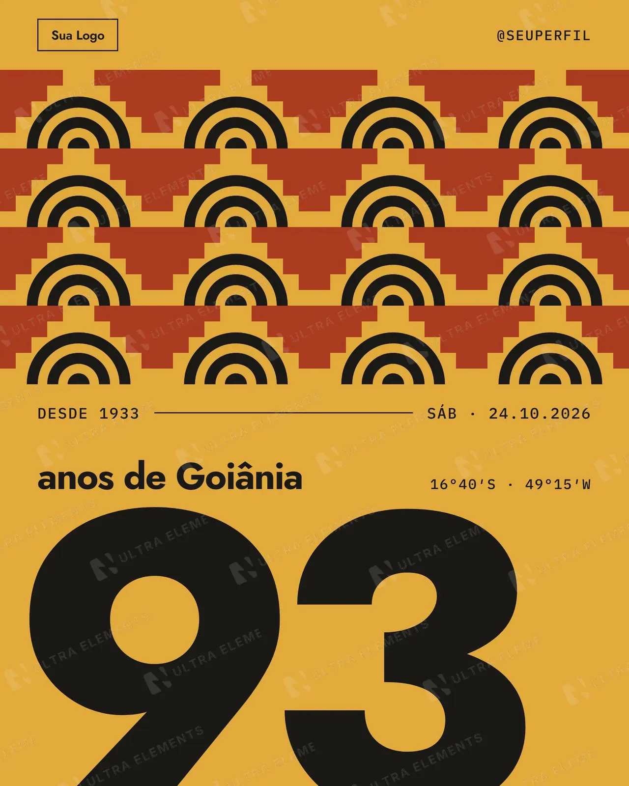 Post Aniversário de cidade: idade gigante sobre grade de azulejos art déco, paleta ocre (Goiânia 93 anos) — imagem 1 de 2