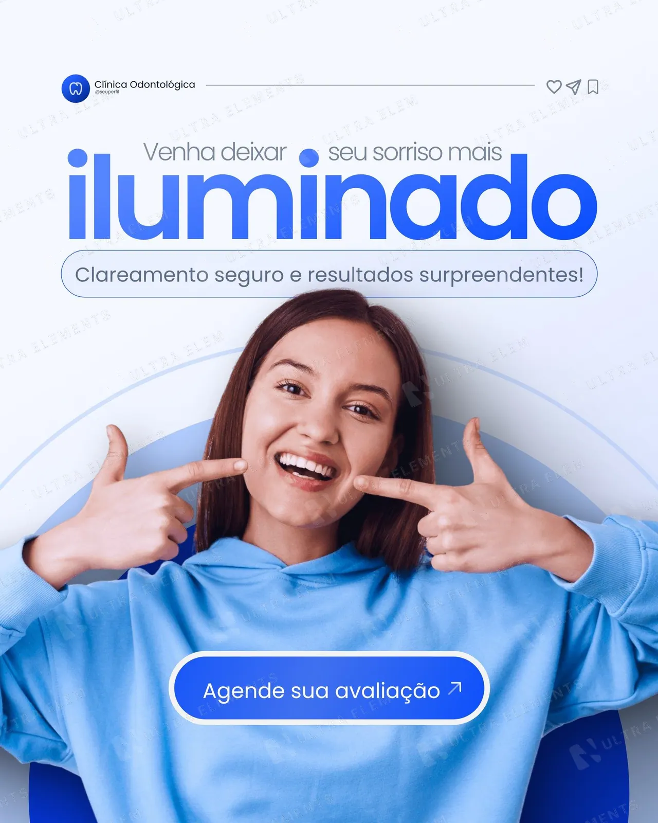 Post clínica odontológica: clareamento dental "iluminado" com sorriso em destaque (feed)