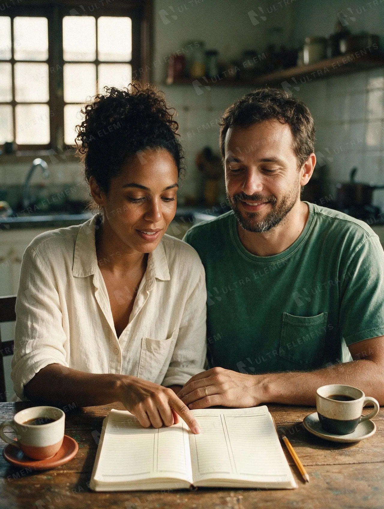 Casal sorridente planejando o orçamento na mesa da cozinha: foto IA para finanças a dois — imagem 1 de 2