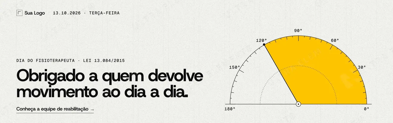 Banner 1920×600 Dia do Fisioterapeuta para site de clínica: goniômetro amarelo