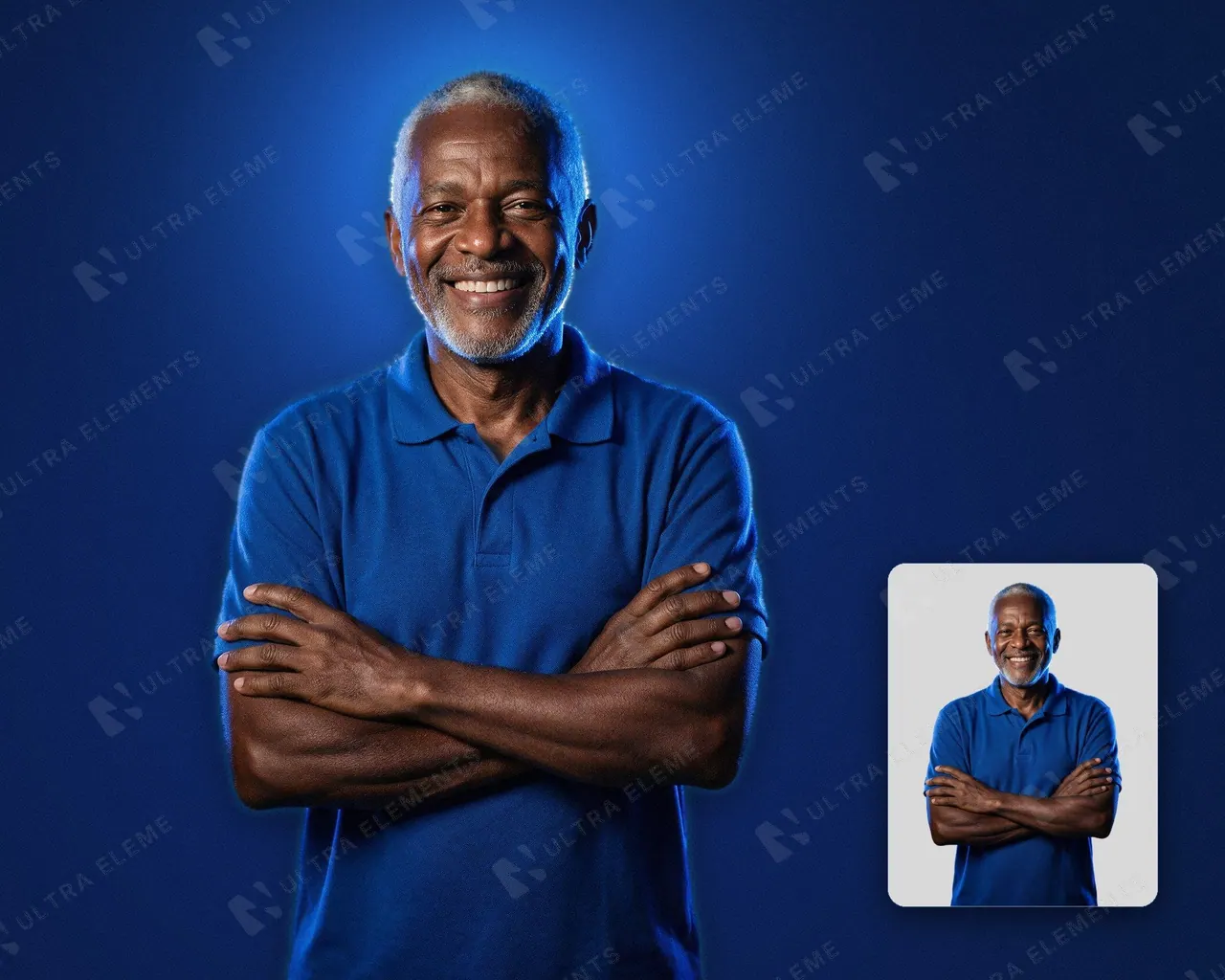 PNG homem negro de 60 anos de polo azul e braços cruzados, recortado para Novembro Azul — imagem 1 de 3