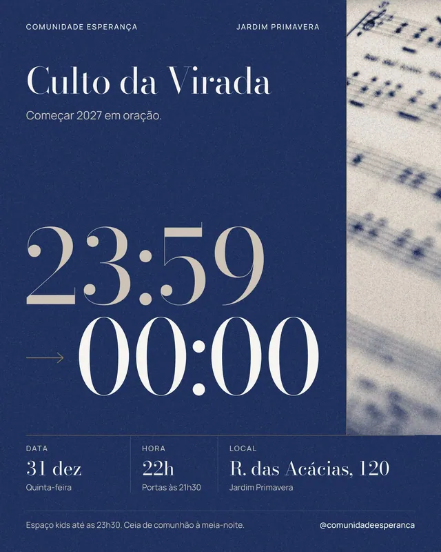 Post e story Culto da Virada: relógio 23:59 para 00:00 e partitura