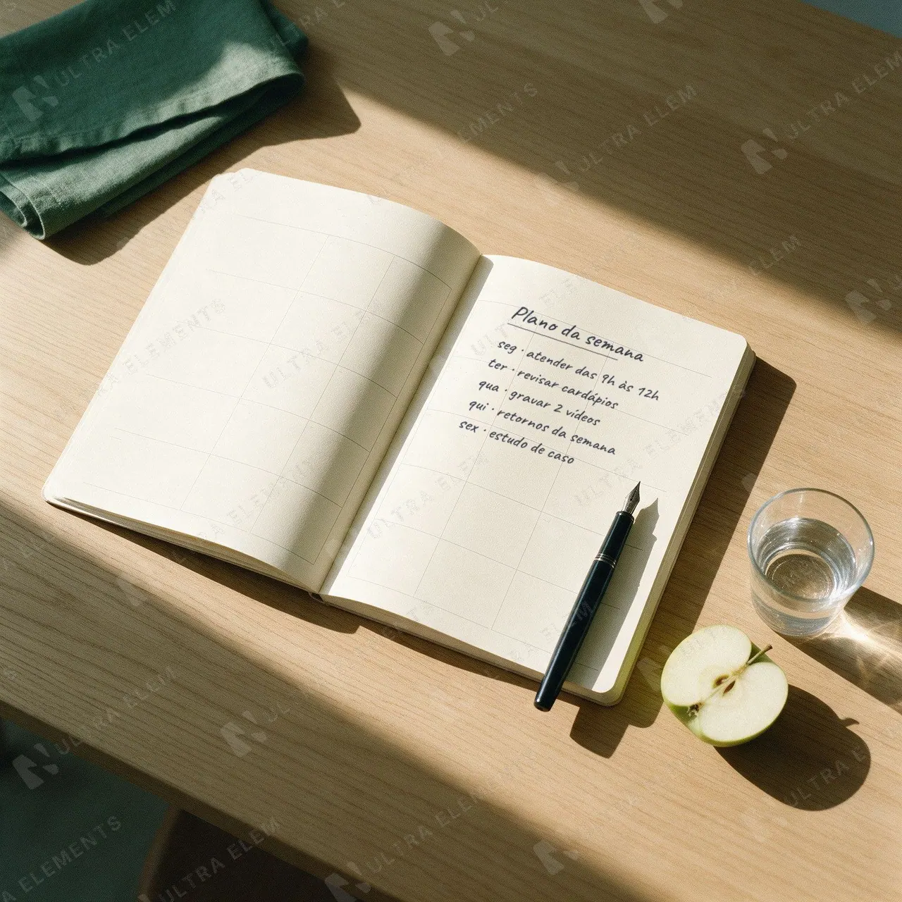 Caderno aberto em branco na mesa de madeira com caneta-tinteiro, copo d'água e maçã: flat lay IA — imagem 1 de 2